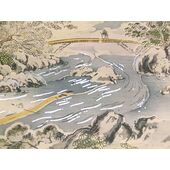 Washable men's kimono, framed lining No.7 Fuji with raft stream, light brown/ satin-like fabric