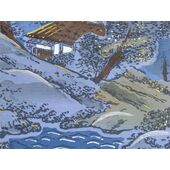 洗える男物 額裏 No.8 湖畔の家 ブルーグレー／サテン風生地