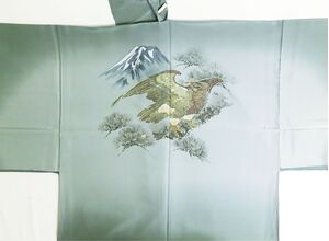 Kimono underwear hand printed hawk and pine fruits desin green