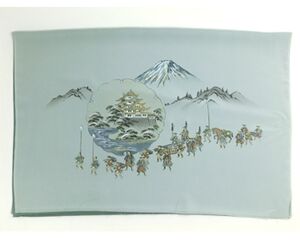 Japanese painting on silk fabric, daimyo's procession（DaimyoGyoretsu） ground color green