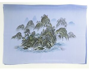 Japanese painting on silk fabric, Chinese-style landscape, Guilin, ground color blue