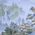 Japanese painting on silk fabric, Japanese-style landscape, waterfall and house, ground color blue