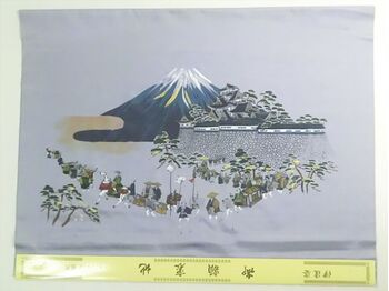 Washable Japanese picture lining fablic for Haori Daimyo gyoretu (procession of feudal lords) gray color satin fablic