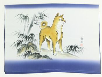 Japanese painting,Men's haori lining that use as interia , blue, hand-dyed, Dog design from zodiac