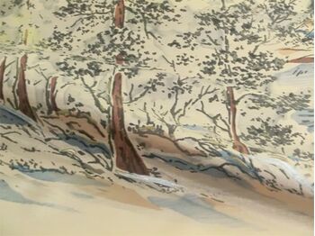 Japanese painting,Washable men's kimono with haori lining No.11 Fuji, a lakeside and a sailing boat Gold beyge
