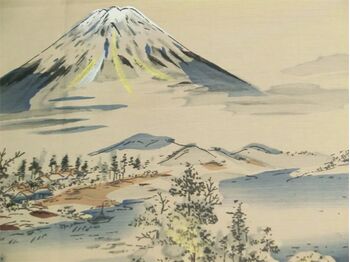 Japanese painting,Washable men's kimono with haori lining No.11 Fuji, a lakeside and a sailing boat Gold beyge