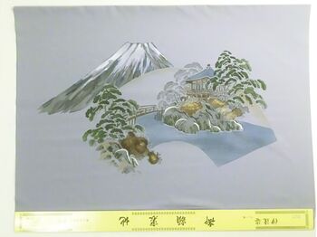 Washable men's kimono with framed lining No.2 Fuji and fan, gray