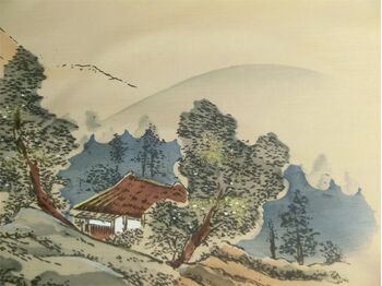 Japanese picture Washable men's kimono, framed lining No.8 House by the lake, light brown