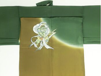 襦袢　手描き　風神・雷神　引き染 緑（背中） / 茶色（裾