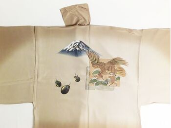 摺り友禅男襦袢　「白山」　④1富士2鷹３なすび 吉祥柄 茶色