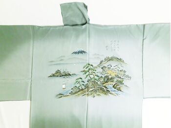 摺り友禅男襦袢　「白山」　⑤富士に湖・山水 緑