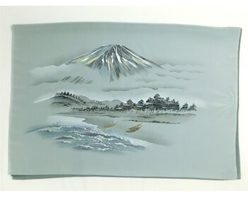 Japanese painting on silk fabric, Japanese-style landscape, Mt.fuji and Boats at the beach with pine tree forest, ground color green