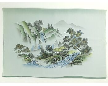 Japanese painting on silk fabric, Japanese-style landscape, waterfall and house, ground color green