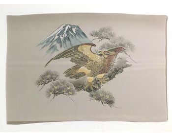 Japanese painting on silk fabric, Hawk and Mt.Fuji, ground color brown