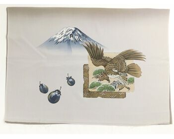 Japanese painting on silk fabric, Japanese symbol of good fortune（1st Mt.Fuji 2st fouk 3rd waterplant / Ichifuji,Nitaka,Sannnasubi）, ground color brown