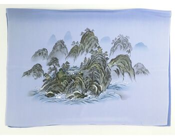 Japanese painting on silk fabric, Chinese-style landscape, Guilin, ground color blue