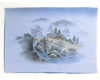 Japanese painting on silk fabric, Japanese-style landscape,mountain and mountain stream, ground color blue