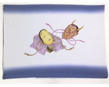 Japanese painting, Noh masks design, white ground with blue blurring