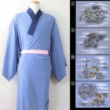 洗える男襦袢 仮絵羽柄 青系 動物系柄