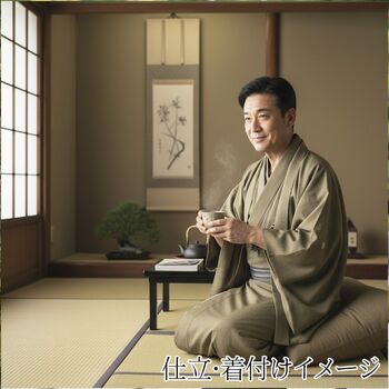 正絹 男着物 小千谷縦紬 鶯茶 正絹 男着物 小千谷縦紬 鶯茶