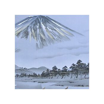 Japanese painting on silk fabric, Japanese-style landscape, Mt.fuji and Boats at the beach with pine tree forest, ground color blue