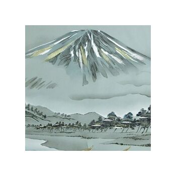 Japanese painting on silk fabric, Japanese-style landscape, Mt.fuji and Boats at the beach with pine tree forest, ground color green