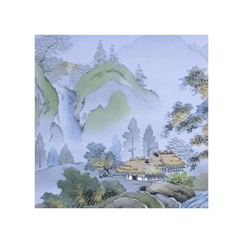 Japanese painting on silk fabric, Japanese-style landscape, waterfall and house, ground color blue
