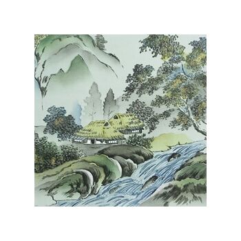 Japanese painting on silk fabric, Japanese-style landscape, waterfall and house, ground color green