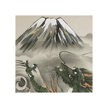 Japanese painting on silk fabric, Auspicious pattern,Mt.Fuji and Dragon, ground color brown