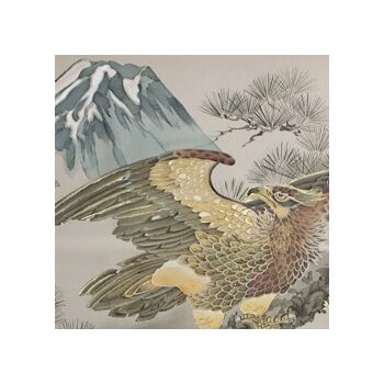 Japanese painting on silk fabric, Hawk and Mt.Fuji, ground color brown