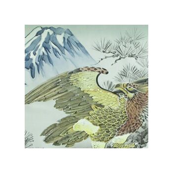 Japanese painting on silk fabric, Hawk and Mt.Fuji, ground color green