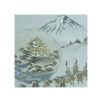 Japanese painting on silk fabric, daimyo's procession（DaimyoGyoretsu） ground color gray