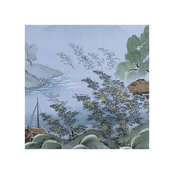 Japanese painting on silk fabric, Japanese-style landscape, house and boats at lakeside, ground color blue