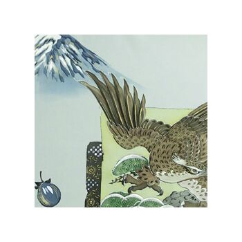 Japanese painting on silk fabric, Japanese symbol of good fortune（1st Mt.Fuji 2st fouk 3rd waterplant / Ichifuji,Nitaka,Sannnasubi）, ground color green