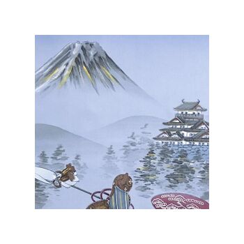 Japanese painting on silk fabric, the fortunes of war, ground color blue