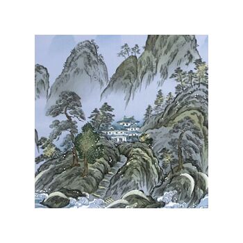 Japanese painting on silk fabric, Chinese-style landscape, Guilin, ground color blue