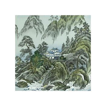 Japanese painting on silk fabric, Chinese-style landscape, Guilin, ground color green