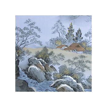 Japanese painting on silk fabric, Japanese-style landscape,mountain and mountain stream, ground color blue
