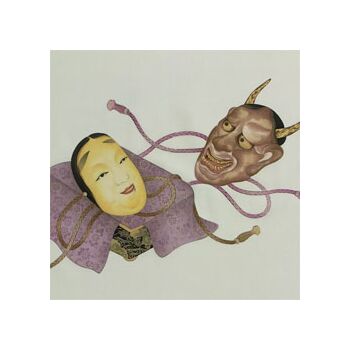 Japanese painting, Noh masks design, white ground with blue blurring