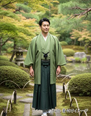 Washable Kimono Men's Kimono Manji（thin stripe） green 44cm Width No.6