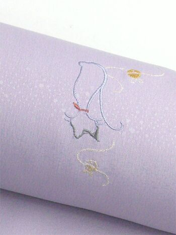 洗える着物 刺繍小紋 猫柄 薄藤紫色 光触媒消臭