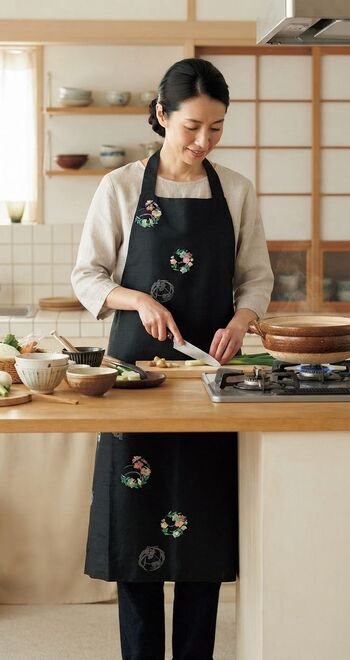 和柄 エプロン 花丸柄 黒