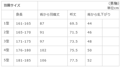 men's haori size chart