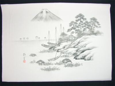 男女両用正絹額裏 白地に墨絵 手描き 富士と三艘舟