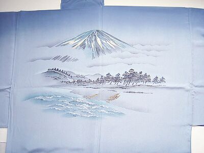 男襦袢 摺り友禅「白山」　①富士に松原・三艘舟