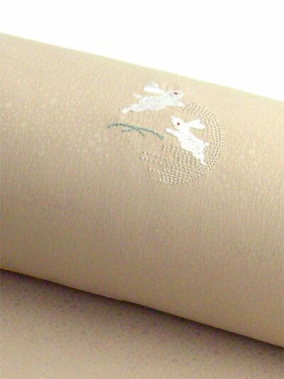 洗える着物 刺繍小紋 白茶色 月とうさぎ 裄丈87.5cm可能 超トール巾