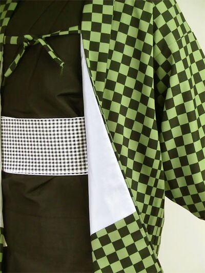 Washable checkered haori lining made to order from green, gray, and mustard