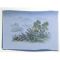 Japanese painting on silk fabric, Japanese-style landscape, house and boats at lakeside, ground color blue
